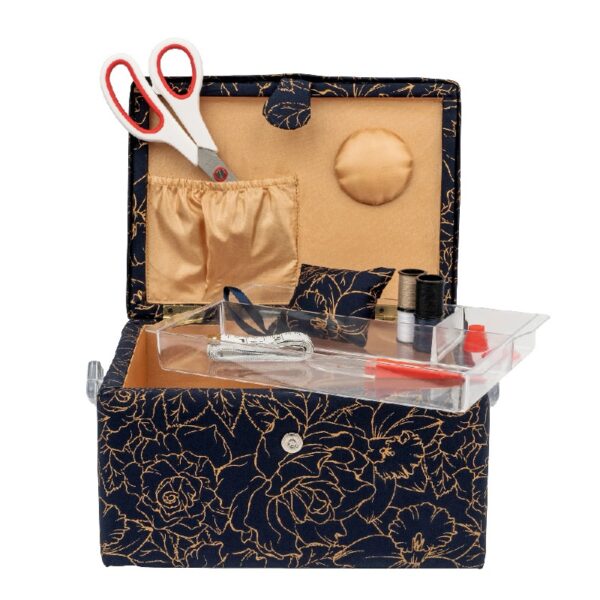 SINGER Large Premium Tackle Sewing Basket Navy Paisley Print with Notions Sewing Kit and Matching Pin Cushion