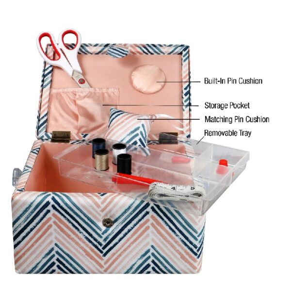 SINGER Large Premium Tackle Sewing Basket Navy Paisley Print with Notions Sewing Kit and Matching Pin Cushion