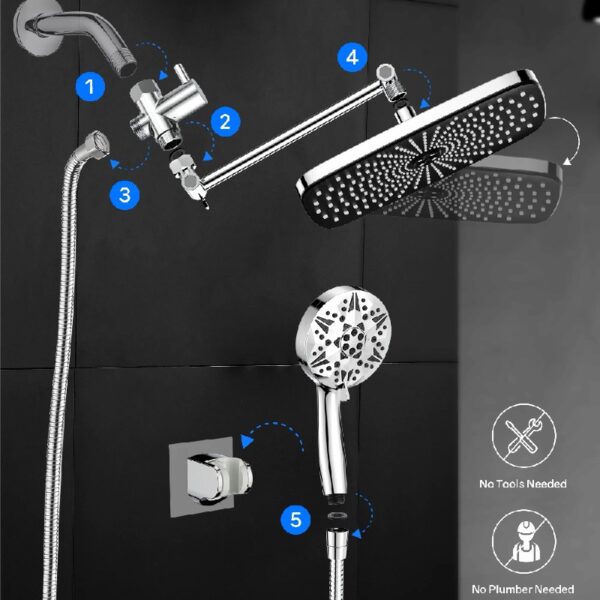 12 Inch High Pressure Rainfall Shower Head 10 Spray Handheld Showerhead Combo, with Extension Arm, Hose, New