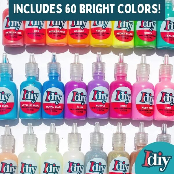 IDIY Fabric Paints, Set of 60 Colors - Bright 3D Fabric Paint - Includes Glitter, Metallic, Glow, Neon, 5 Stencils, 3 Brushes, Non-Toxic Water-Based and Permanent Puffy Effects - Craft, Gift