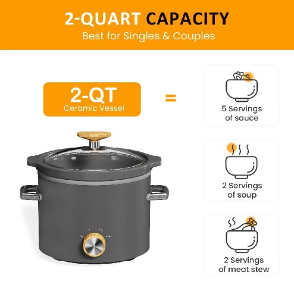 2 Quart Slow Cooker, Small Slow Cooker with Removable Ceramic Pot, Slow Cooker Food Warmer with 3 Heating Settings & Dishwasher Safe Glass Lid, Grey