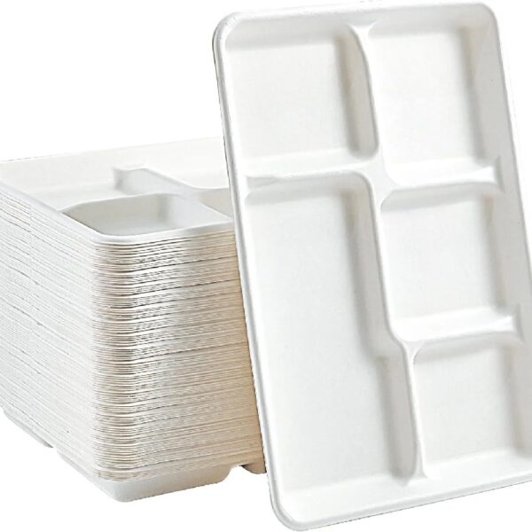 Compostable 5 Compartment Plates,50Pack Disposable Paper Plates,Heavy-Duty Biodegradable Sugarcane Plates,Eco-Friendly School Lunch Trays