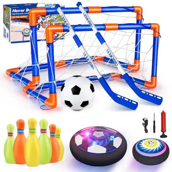 3-in-1 LED Soccer Hockey Bowling Set Indoor/Outdoor Toys, Gifts for 3 4 5 6 7 8+ Years Boy Girl