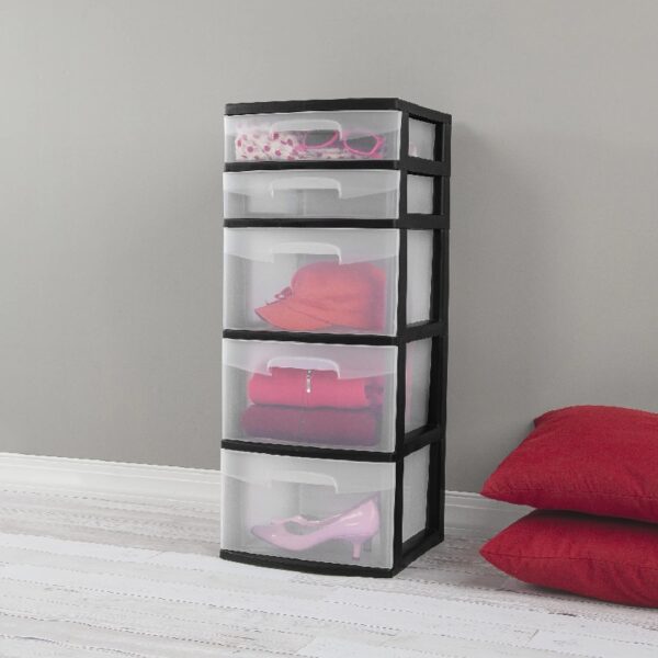 Plastic 5-Drawer Tower, Black with Clear Drawers, Adult