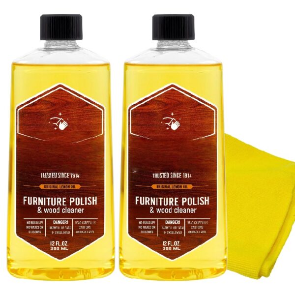Furniture Polish and Wood Cleaner with Lemon Oil, 12-Ounce, 2 bottles with Microfiber Towel