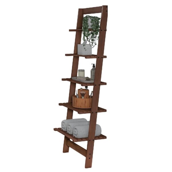 5-Tier Slatted Wood Leaning Ladder Shelf for Narrow Storage, Wooden Bookcase for Living Room, Bathroom, Kitchen, Office or Bedroom, Black Finish