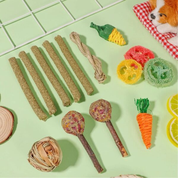 14Pcs Rabbit Toy for Teeth, Bunny Toys, Rabbit Chew Toys, Bunny Chew Toys for Teeth, Loofah Wood Sticks Ball Toys for Rabbits, Guinea Pig, Chinchilla