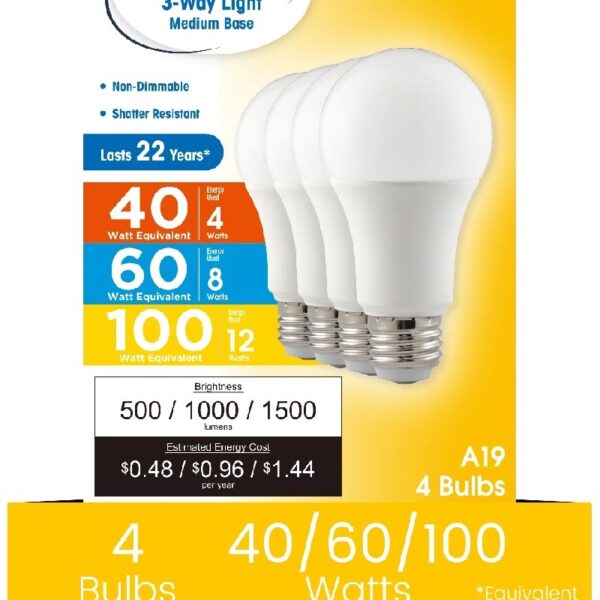 A19 3-Way LED Light Bulb, 40/60/100 Watts Tunable, Soft White, E26 Medium Base (4 Pack)