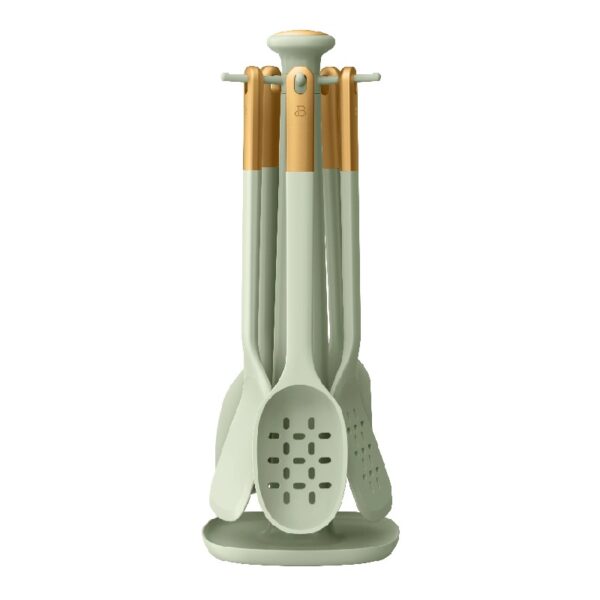 6-Piece Silicone Kitchen Utensil Tool Set with Rotating Rack by Drew Barrymore, Porcini Taupe