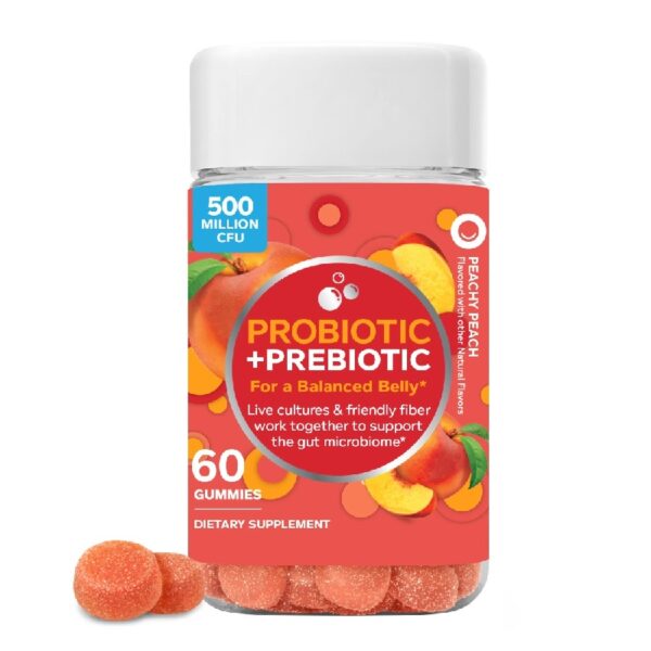 Probiotic + Prebiotic Fiber Gummy, Digestive + Gut Health Supplement for Adults, Peach, 60 Ct