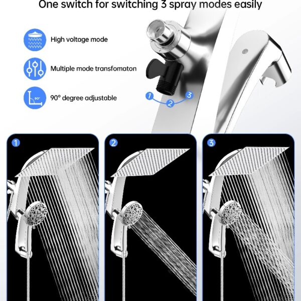 High Pressure Rainfall Shower Head 10 Spray Handheld Showerhead Combo, 360° Degree Rotating Extension Arm, New
