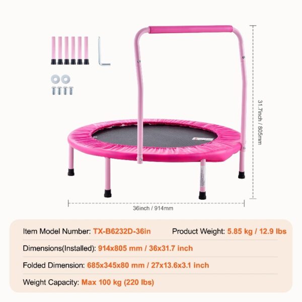 36-Inch Children's Trampoline, Indoor and Outdoor 3FT Compact Trampoline, Collapsible Trampoline with Support Bar, Bouncing Trampoline for Youngsters, Ideal 3+ Year Old Kids' Birthday Present