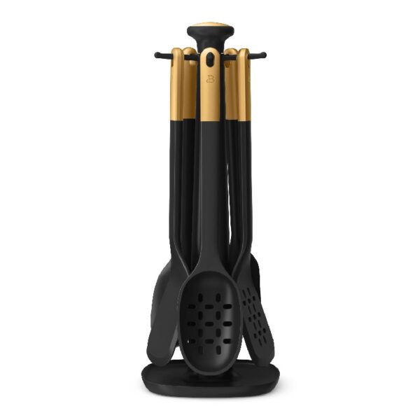 6-Piece Silicone Kitchen Utensil Tool Set with Rotating Rack by Drew Barrymore, Porcini Taupe
