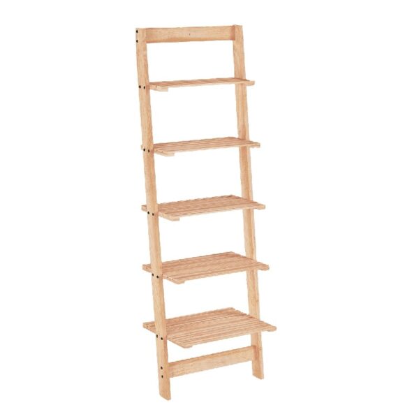 5-Tier Slatted Wood Leaning Ladder Shelf for Narrow Storage, Wooden Bookcase for Living Room, Bathroom, Kitchen, Office or Bedroom, Black Finish