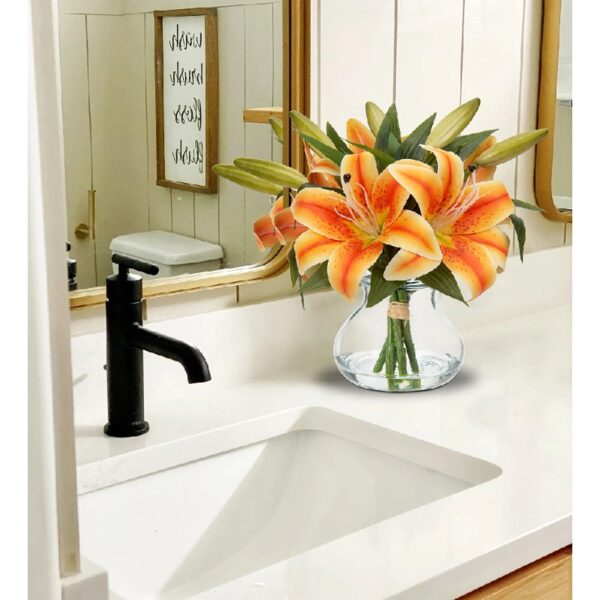 Artificial Flowers Tiger Lily with Vase Gradient Orange Lilies Silk Faux Flowers Arrangements in Glass Vase with Faux Water Fake Floral Bulk Bouquet for Home Decor Office Table Centerpiece Decoration