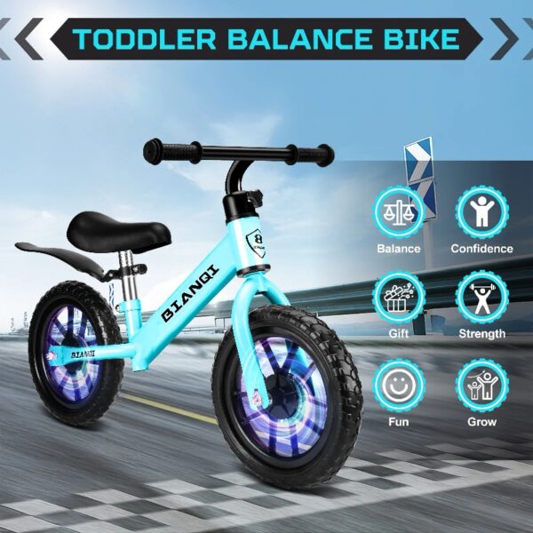 Kid Balance Bike, 12'' Toddlers Training Bicycle for 2-5 Years Old Boys Girls, Lightweight with Lighting up Wheels, Bule