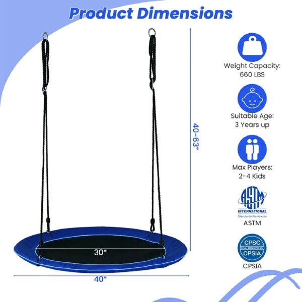 Outdoor Swing, Hanging Swing Bench Chair, 40 Inches Saucer Tree Swing for Kids and Adults-Navy