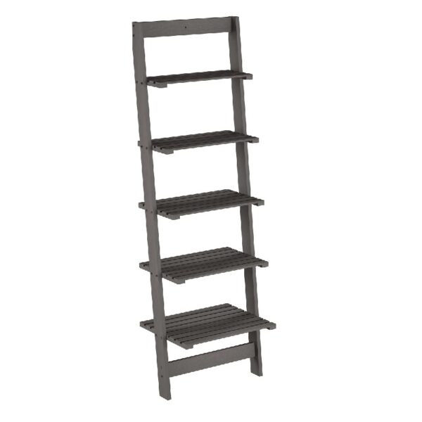 5-Tier Slatted Wood Leaning Ladder Shelf for Narrow Storage, Wooden Bookcase for Living Room, Bathroom, Kitchen, Office or Bedroom, Black Finish