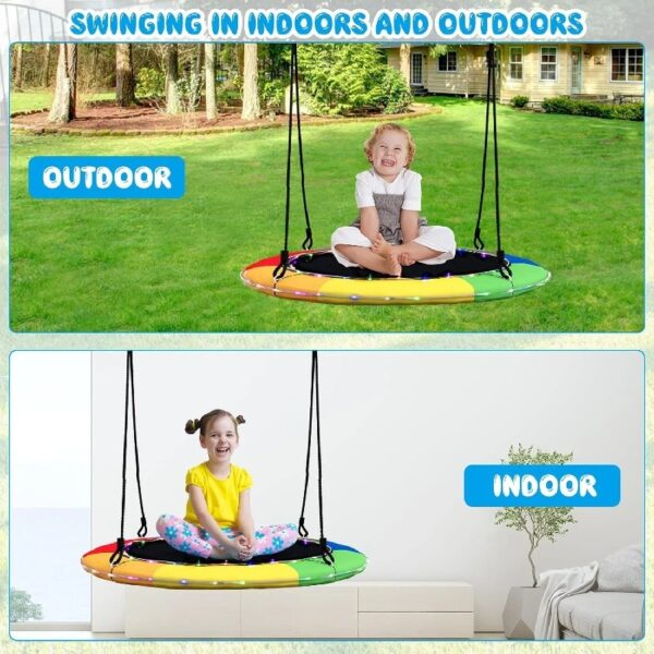 40” Tree Swing with LED Lights for Kids Adults, Indoor Outdoor Flying Saucer Swing with Adjustable Multi-Strand Hanging Ropes for Tree, Backyard, Playground ,Colorful