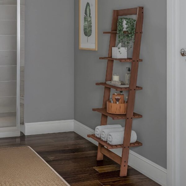 5-Tier Slatted Wood Leaning Ladder Shelf for Narrow Storage, Wooden Bookcase for Living Room, Bathroom, Kitchen, Office or Bedroom, Black Finish