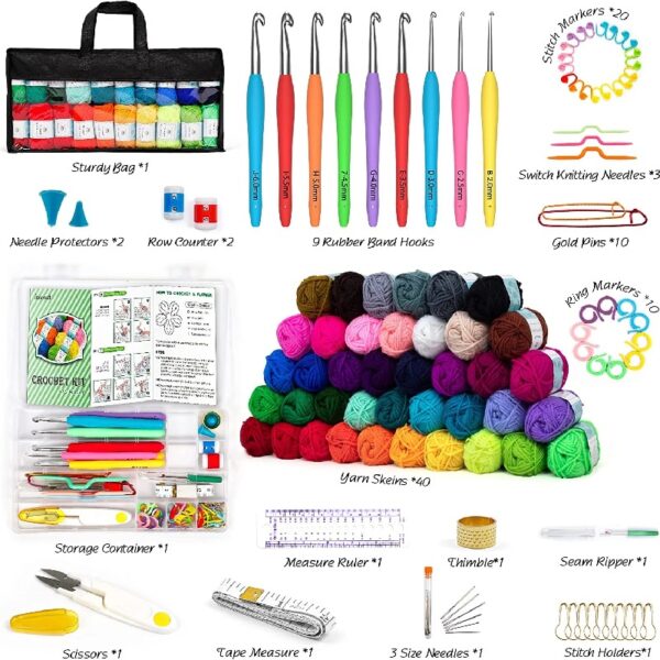 113 Piece Crochet with Yarn Set–1600 Yards Assorted Yarn 73PCS Crochet Accessories Set Including Ergonomic Hooks, Knitting Needles & More Ideal Beginner Kit