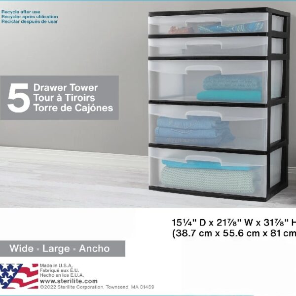 5 Drawer Wide Tower Black