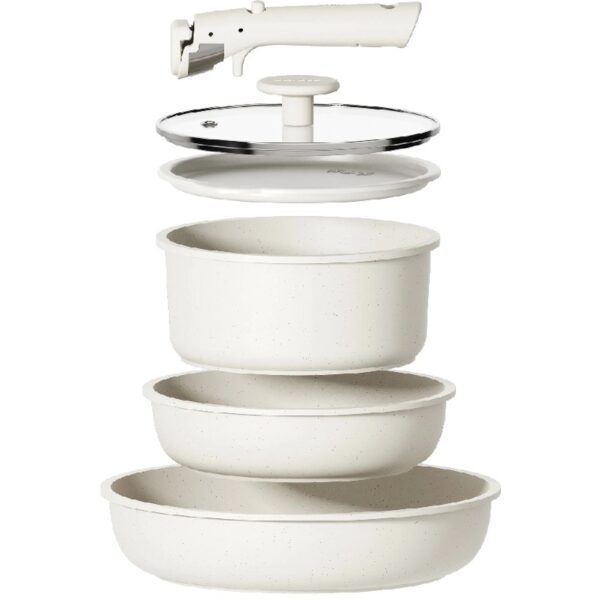 Nonstick Detachable Pots and Pans Set, 6 Pieces Induction Cookware Set, Oven/Dishwasher Safe, Easy for Storage, White Granite