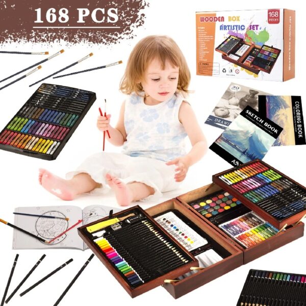 KINSPORY 168Pcs Drawing Painting Set, Deluxe Wooden Art Case, Gift for Artist Kids Adults(Brown)