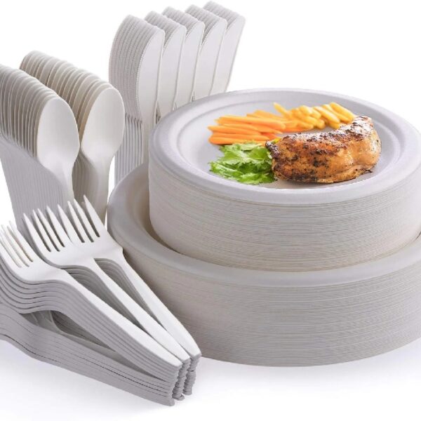 250Pcs Disposable Dinnerware Set, Compostable Sugarcane Cutlery Eco Friendly Tableware Includes 50 Biodegradable Paper Plates, Forks, Knives and Spoons for Camping, Picnic