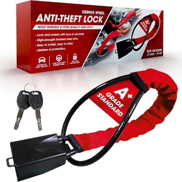 Universal Steering Wheel Steel Wire Lock – Heavy-Duty Anti-Theft Car Lock, 5mm Thick & Durable Security Device for Cars, SUVs, and Trucks, Easy to Use with High-Strength Steel Cable