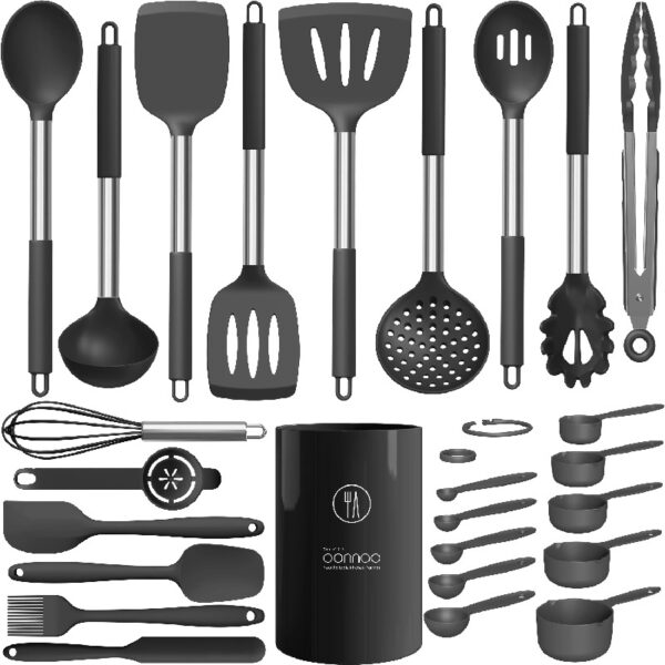 Silicone Cooking Utensils Set - Heat Resistant Stainless Steel Kitchen Utensils, Baking Tools Kitchen Gadgets,Turner, Tongs,Spatula,Spoon,Brush,Whisk,Non-Stick, Dishwasher Safe,BPA FREE (Khaki)
