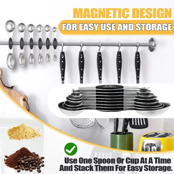 17 Pieces Measuring Cups and Magnetic Measuring Spoons Set Stainless Steel, 8 Measure Cups with Silicone Handle and 8 Double Sided Magnetic Measure Spoons & 1 Leveler
