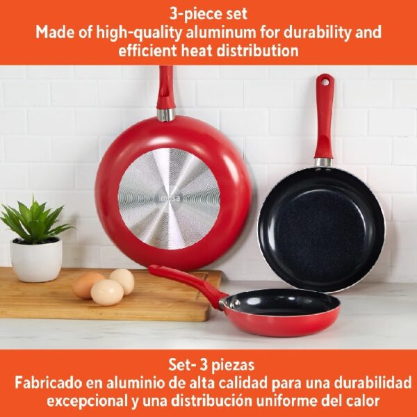 Nonstick Ceramic Cookware Set 3-Piece 7in/9in/11in, with Stay-Cool Handles, Aluminum, Red