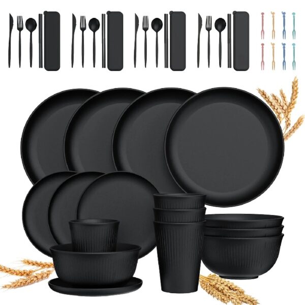48 Pcs Wheat Straw Dinnerware Sets For 4, Unbreakable Dinnerware Sets, Reusable Wheat Straw Plates and Bowls Sets, Travel Camping Cutlery Set, Dishwasher Microwave Safe Dinnerware, Black