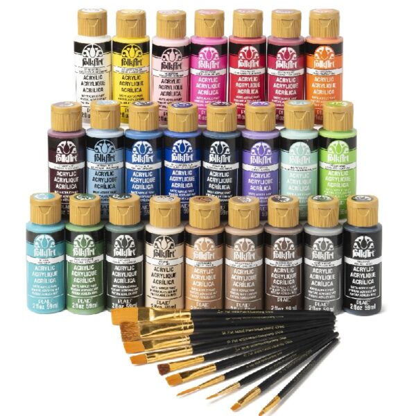 FolkArt Let's Paint Live Acrylic Craft Paint and Paintbrush Set, 34 Pieces