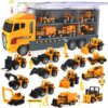 25 in 1 Construction Trucks Push and Go Car Carrier Truck Toy, Play Vehicles with Sounds and Lights, 12 Mini Diecast Trucks Included