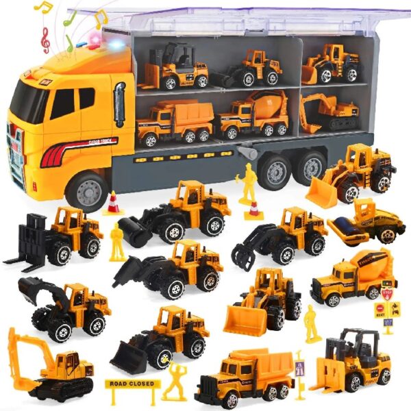 25 in 1 Construction Trucks Push and Go Car Carrier Truck Toy, Play Vehicles with Sounds and Lights, 12 Mini Diecast Trucks Included