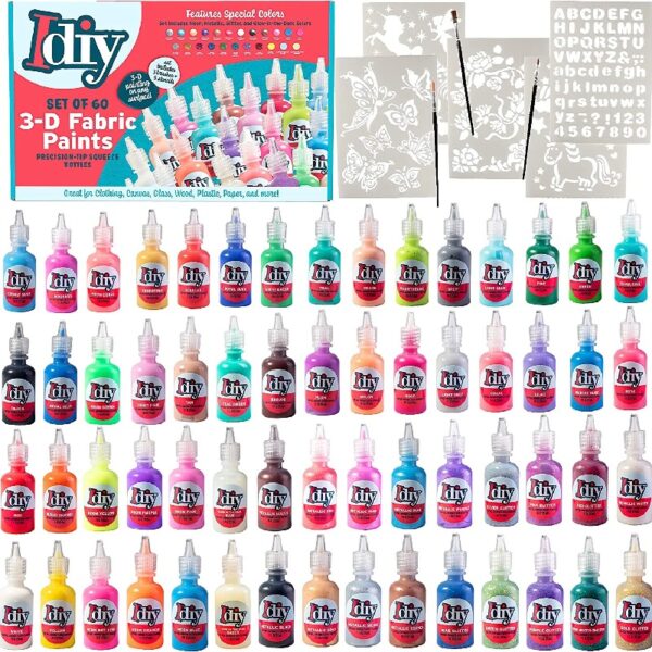 IDIY Fabric Paints, Set of 60 Colors - Bright 3D Fabric Paint - Includes Glitter, Metallic, Glow, Neon, 5 Stencils, 3 Brushes, Non-Toxic Water-Based and Permanent Puffy Effects - Craft, Gift
