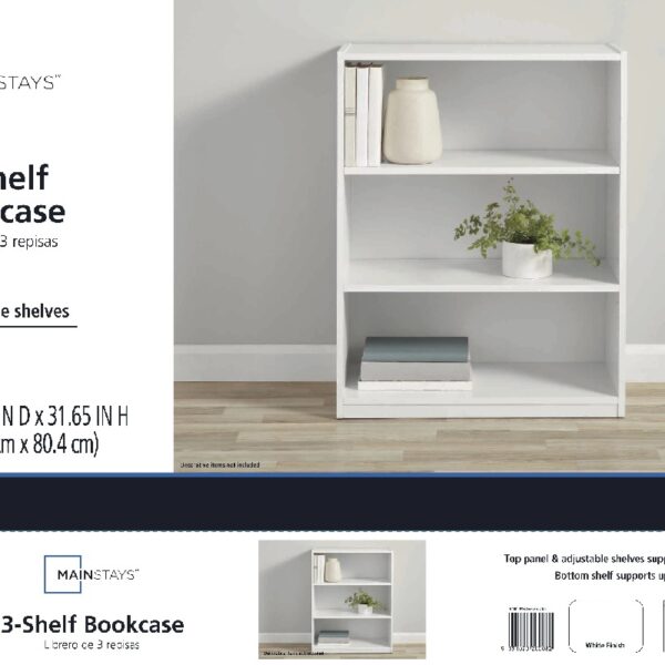 3-Shelf Bookcase with Adjustable Shelves, White