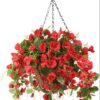 Artificial Hanging Flowers Basket,Fake Hanging Plant,4 Packs Faux Flower Daisies Coconut Lining Hanging Baskets for Patio Garden Porch Deck Decoration(Red)