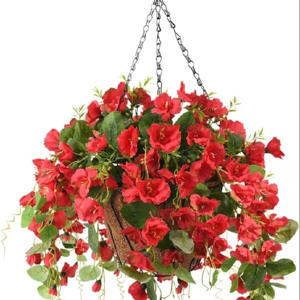 Artificial Hanging Flowers Basket,Fake Hanging Plant,4 Packs Faux Flower Daisies Coconut Lining Hanging Baskets for Patio Garden Porch Deck Decoration(Red)