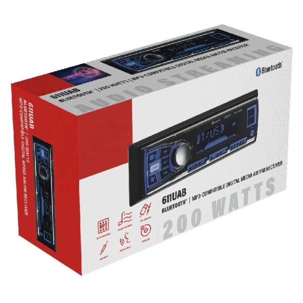 611UAB Car Stereo - Single Din, Bluetooth, No CD DVD Player, AM/FM Radio Receiver, Aux Input, USB