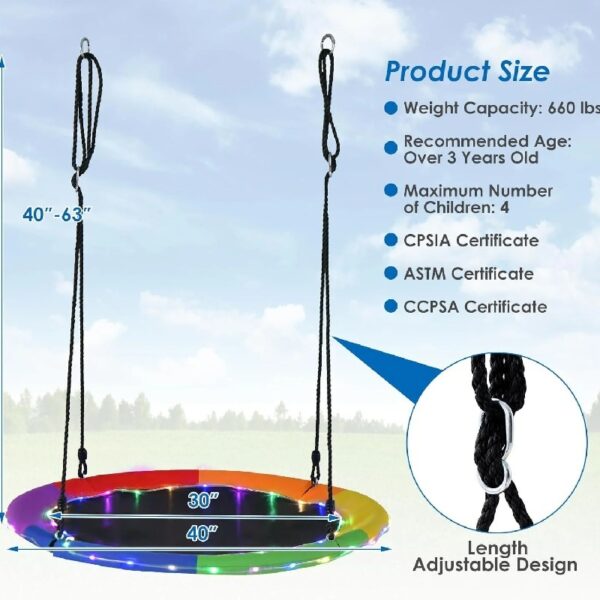 40” Tree Swing with LED Lights for Kids Adults, Indoor Outdoor Flying Saucer Swing with Adjustable Multi-Strand Hanging Ropes for Tree, Backyard, Playground ,Colorful