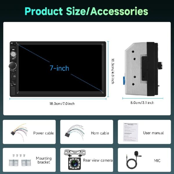 7 Inch Dual Din Car Stereo MP5 Multimedia Player with Bluetooth FM Radio Rearview Camera and Screen Mirroring Support
