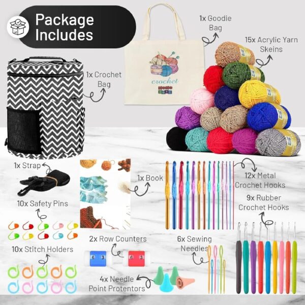 MOMOTOYS 74-Piece Crochet Kit for Beginners and Kids with Instruction Book and Zigzag Gray Organizer Bag