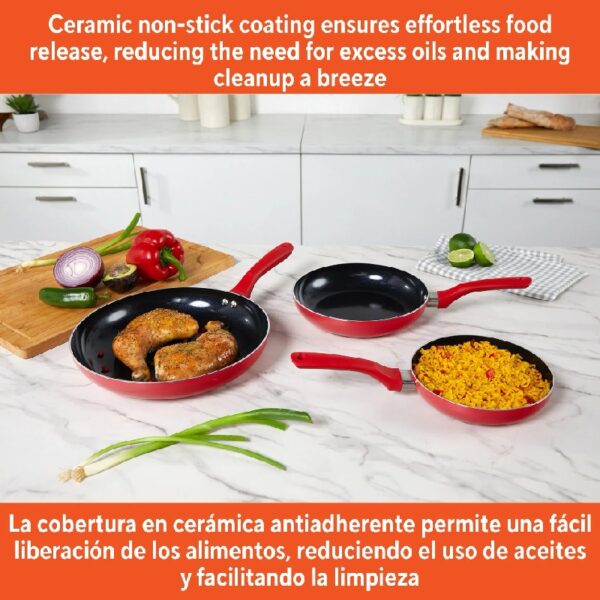 Nonstick Ceramic Cookware Set 3-Piece 7in/9in/11in, with Stay-Cool Handles, Aluminum, Red