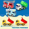 4 Pack Friction Powered City Vehicles, Big Carrier Truck with Lights and Sounds, with Garbage Truck, Fire Engine Truck, Boom Lift Truck & Construction Dump Truck, Birthday Gifts for Kids 3-8