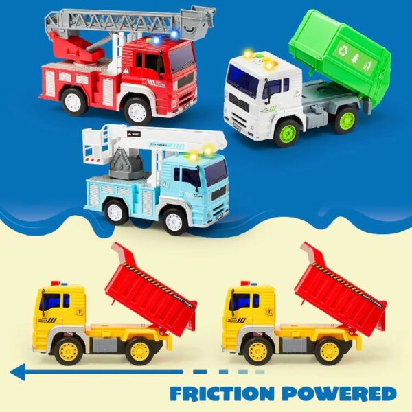 4 Pack Friction Powered City Vehicles, Big Carrier Truck with Lights and Sounds, with Garbage Truck, Fire Engine Truck, Boom Lift Truck & Construction Dump Truck, Birthday Gifts for Kids 3-8