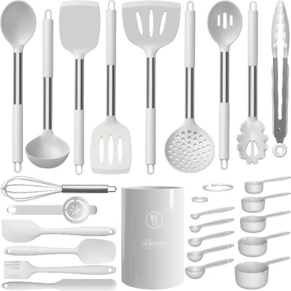 Silicone Cooking Utensils Set - Heat Resistant Stainless Steel Kitchen Utensils, Baking Tools Kitchen Gadgets,Turner, Tongs,Spatula,Spoon,Brush,Whisk,Non-Stick, Dishwasher Safe,BPA FREE (Khaki)