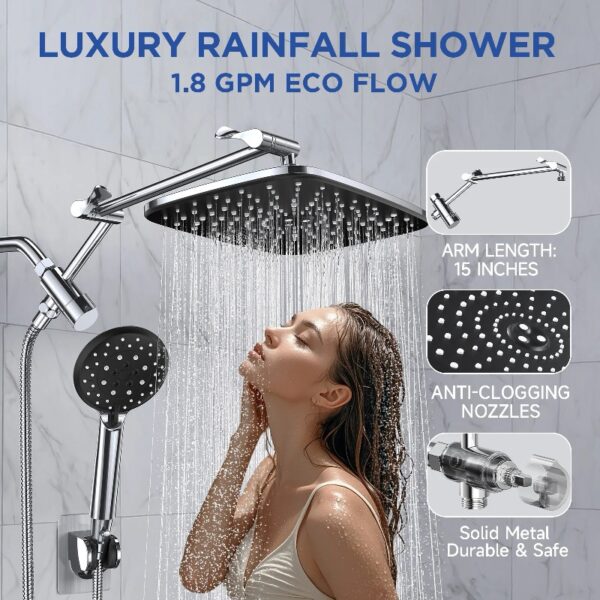 12 Inch Coverage High Pressure Rain Shower Head Combo with Adjustable Extension Arm, Wide Rainfall & 5 Modes Handheld Showerhead, Dual Anti-Clog Nozzles for Ultimate Experience, Silver Chrome